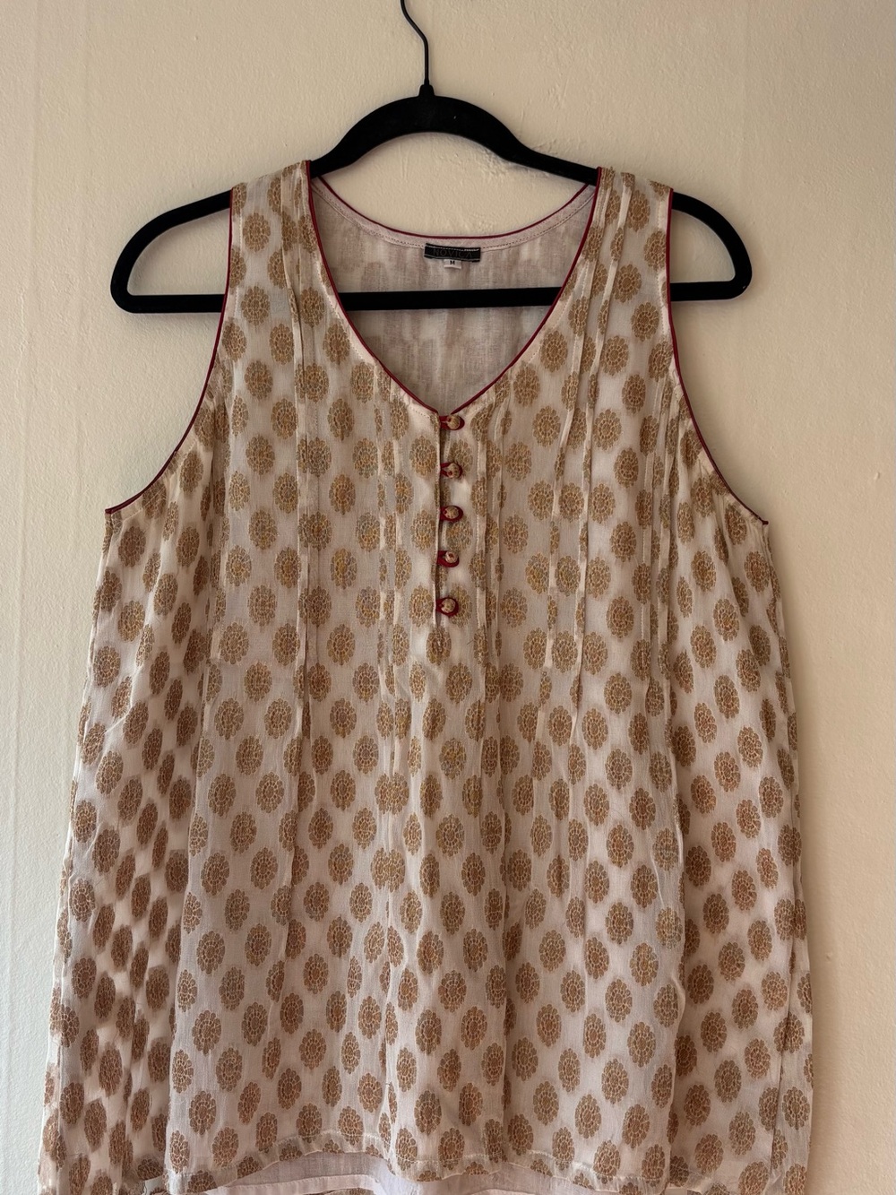 Cream Sleeveless Tunic with Gold Medallion Print and Contrast Trim